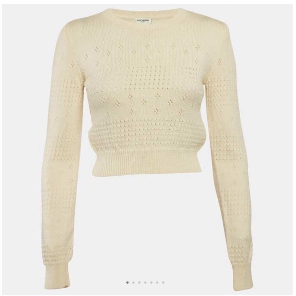 NWT Saint Laurent Paris Pointelle Knit Sweater L Cream Cropped Crew Neck